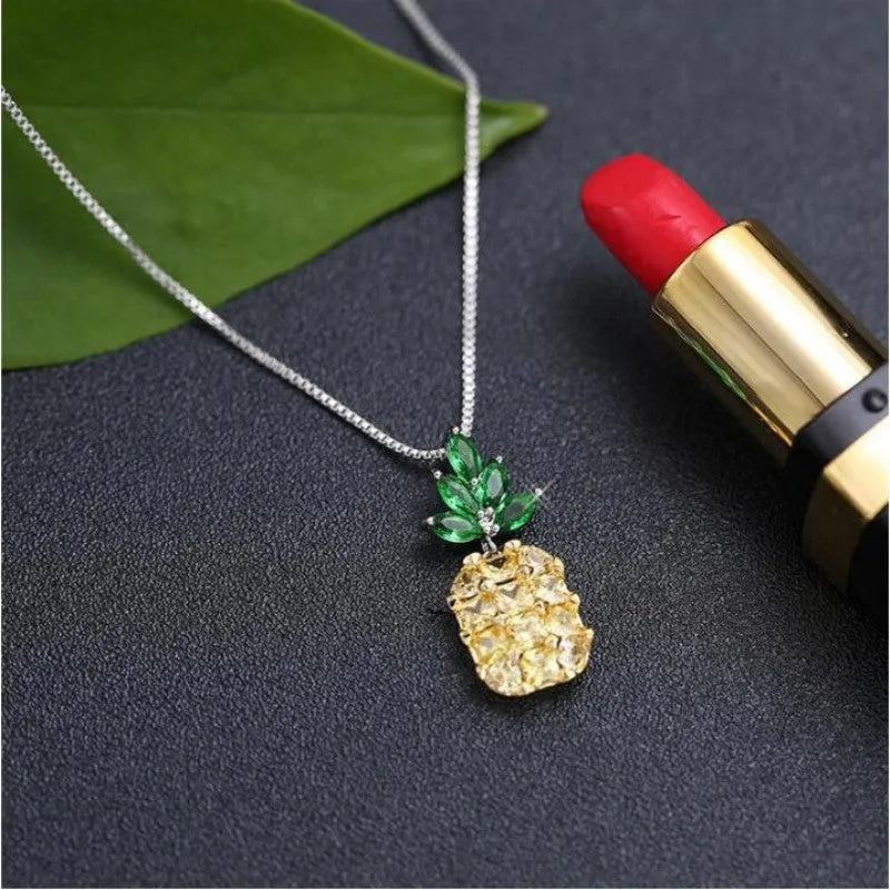 Silver Korean fashion necklace with pineapple and diamond pendant charms and geometric design