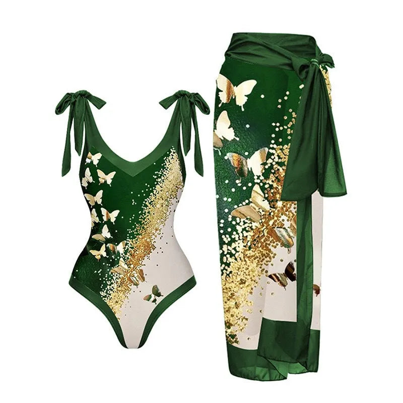 Solid colour women's one-piece swimsuit with spaghetti straps and a matching skirt.