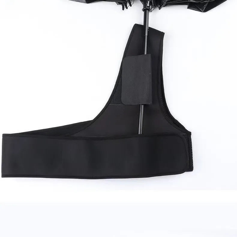 Portable umbrella holder with shoulder strap in diving cloth, shown in black colour