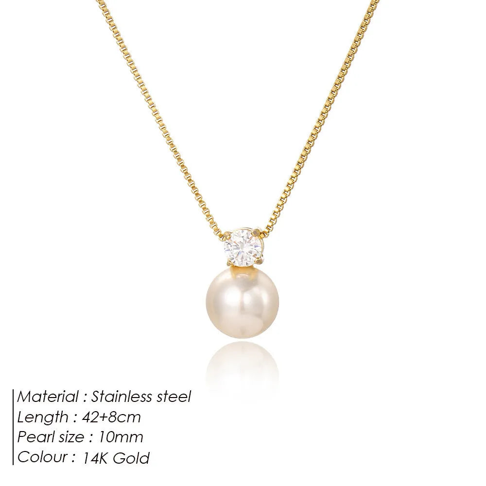 St Delan stainless steel necklace with imitation pearl and zircon pendant in New Chinese style design