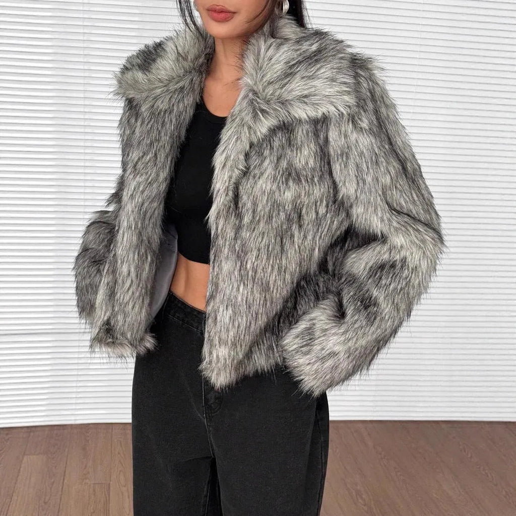 Women's artificial fox fur coat with thick collar in multiple colour options