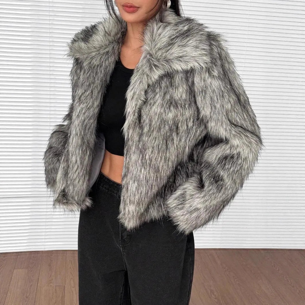 Women's artificial fox fur coat with thick collar in multiple colour options