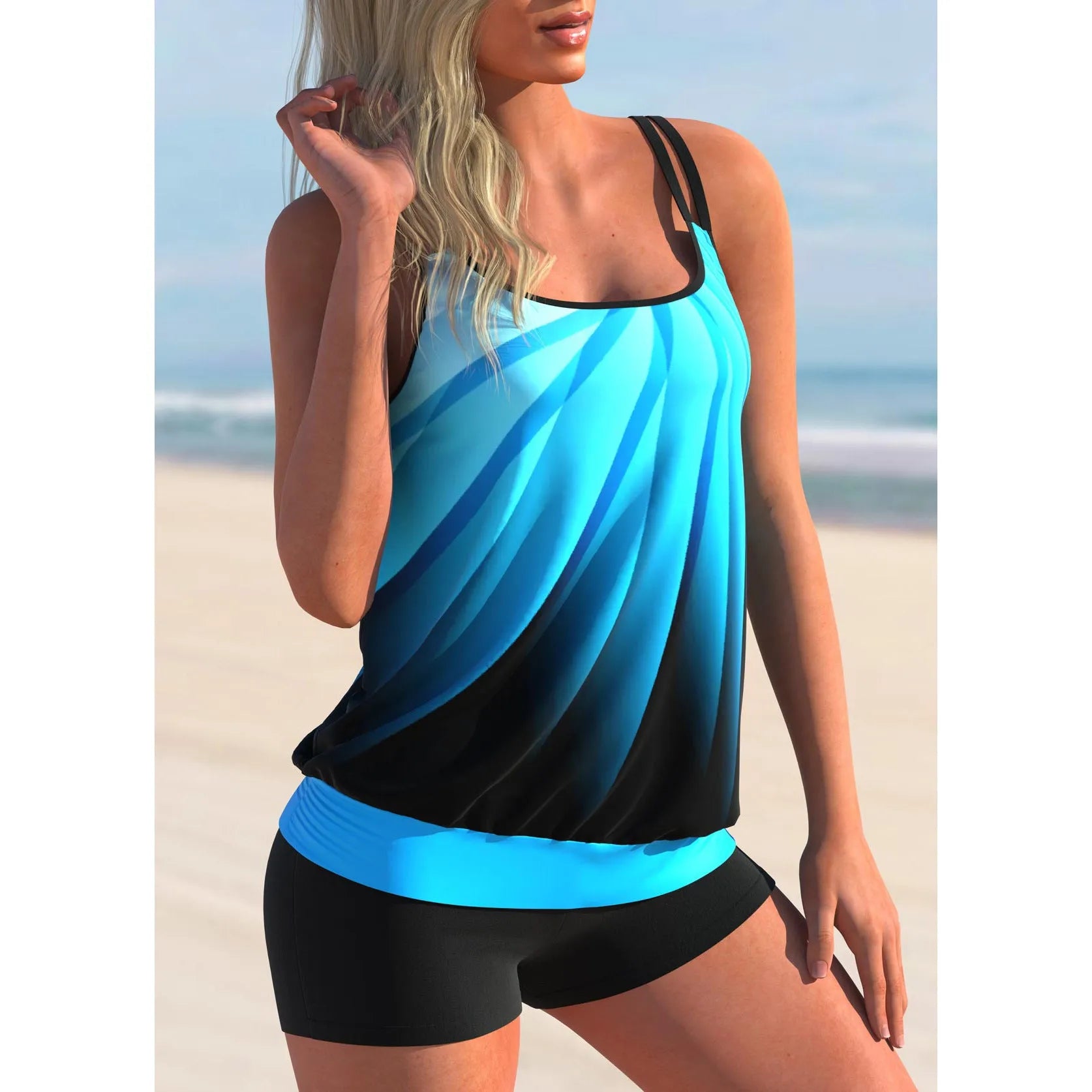 Plus size women's swimsuit set with strap top and matching shorts in butterfly pattern