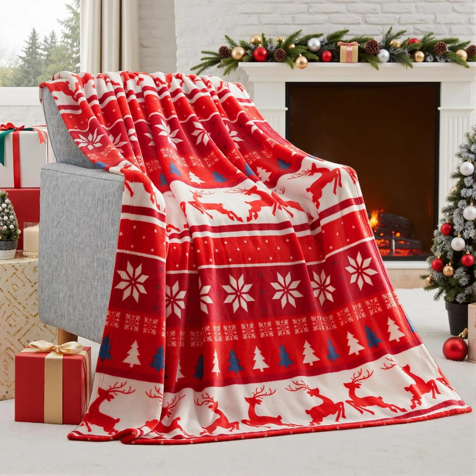 Soft flannel Christmas blanket in polyester fibre showing available colour options and size range