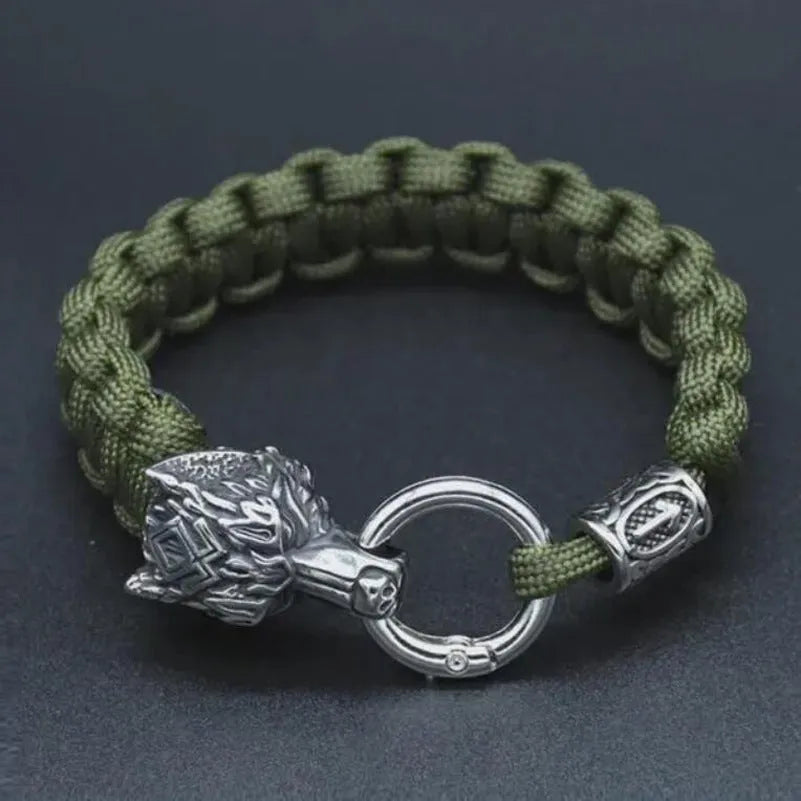 Stainless steel wolf head bracelet in camouflage colour with luen character detailing