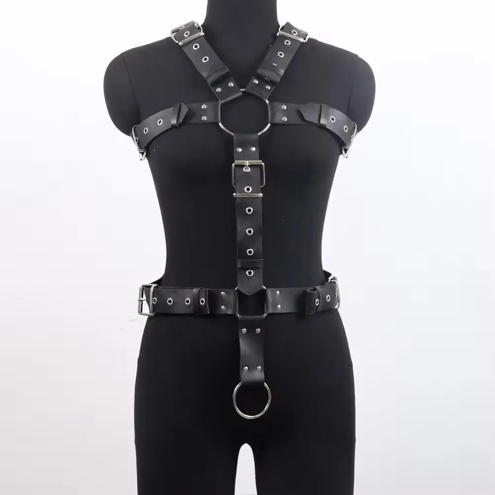 Black imitation leather waist trainer belt with pin buckle closure on mannequin