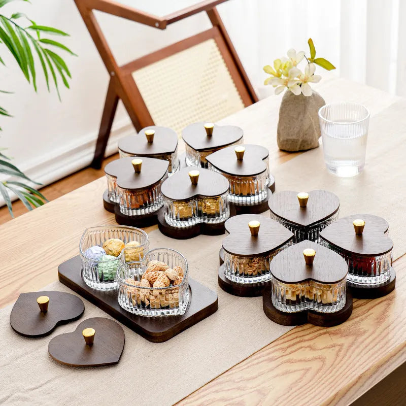 Glass retro style snack platter with heart-shaped lids in 2, 3, 4, or 5-grid configurations for fruit and dim sum.