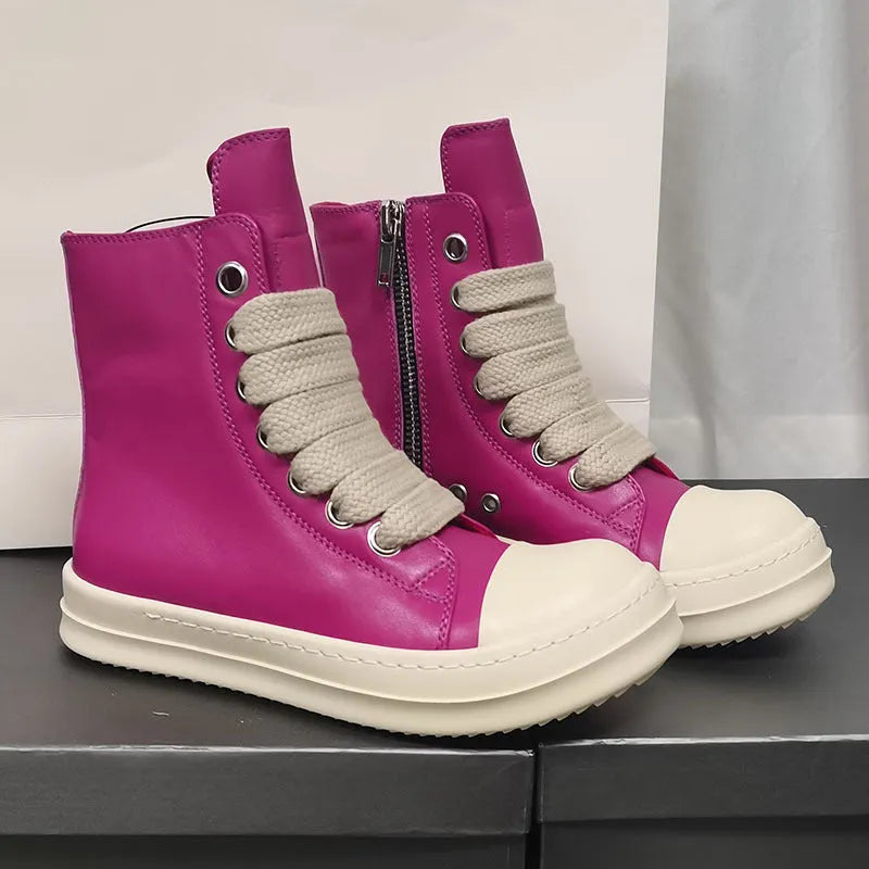Black high-top leather sneakers with side zipper and platform sole on a white background