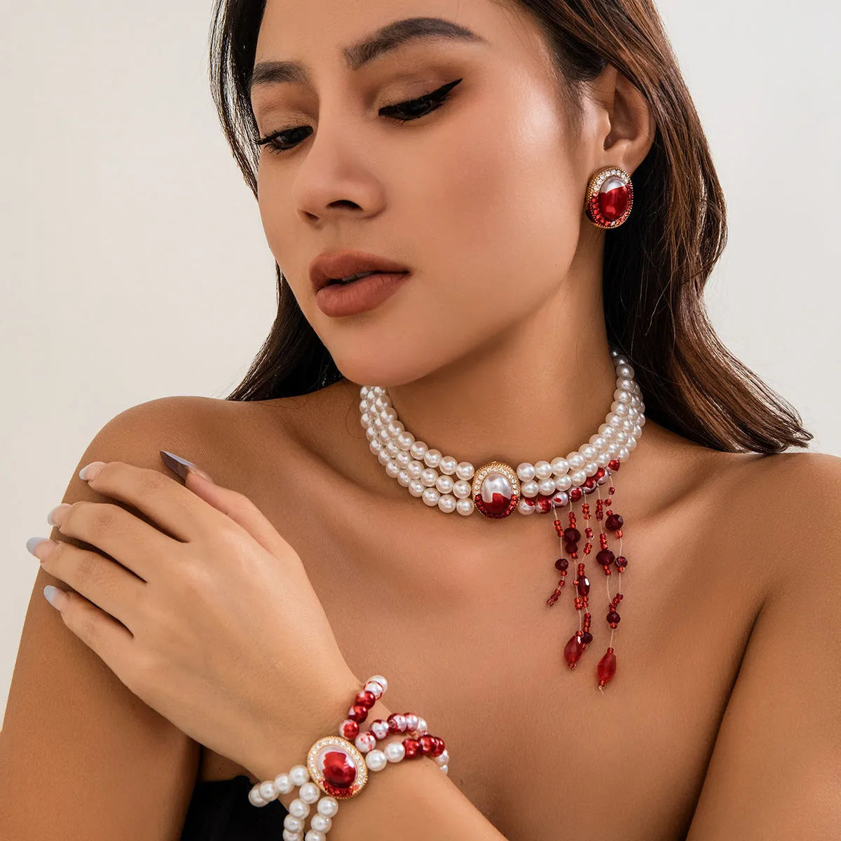 Gold electroplated alloy pearl collar necklace bracelet earrings set in retro gothic style for women