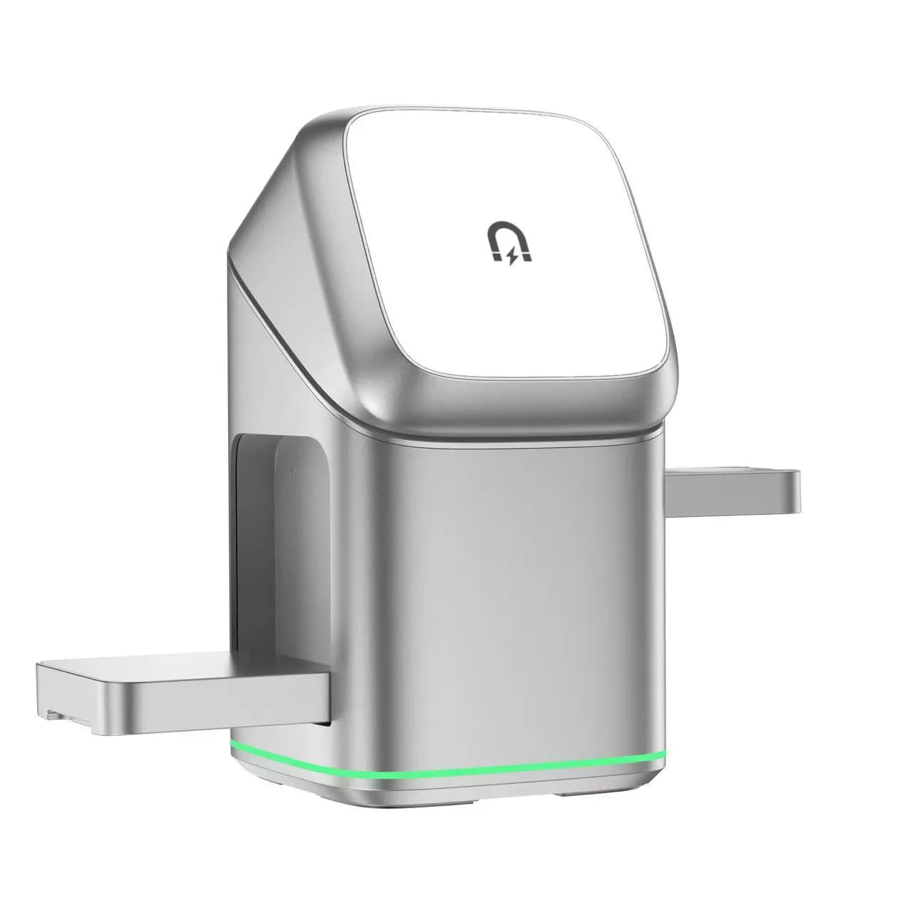Black and silver mobile phone magnetic wireless charging stand showing 180-degree rotation capability