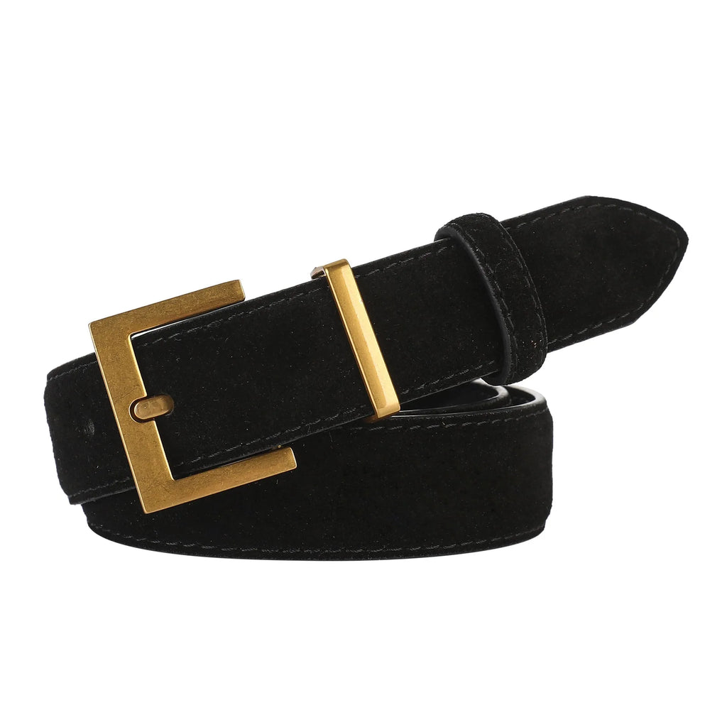 Ladies' black genuine leather belt with a silver quadrilateral pin buckle on a 100cm strap