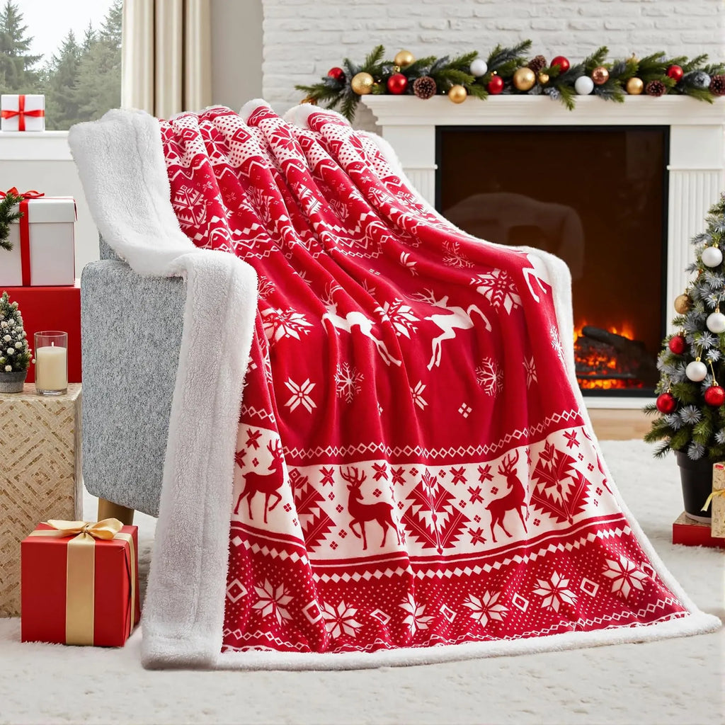 Soft flannel Christmas blanket in polyester fibre showing available colour options and size range