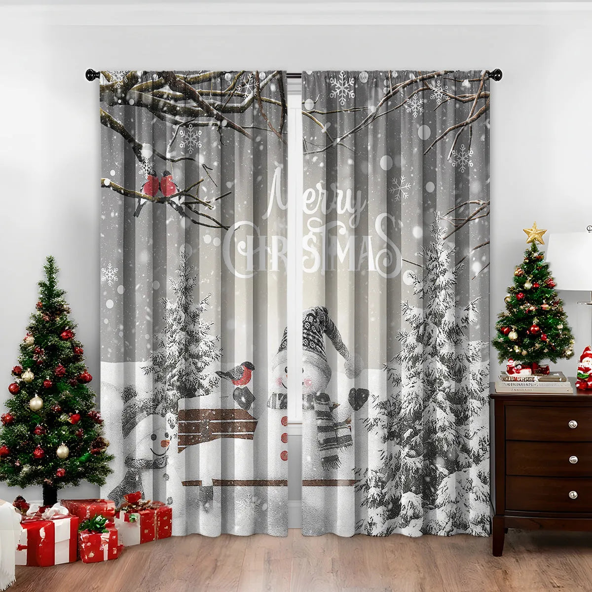 3D digitally printed Christmas curtain panel in a modern style, made from polyester fabric.