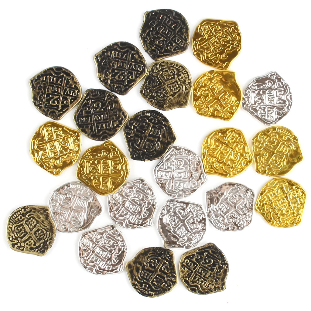 100 plastic Roman pirate coins with metallic electroplated finish in bronze, gold, and silver colour options