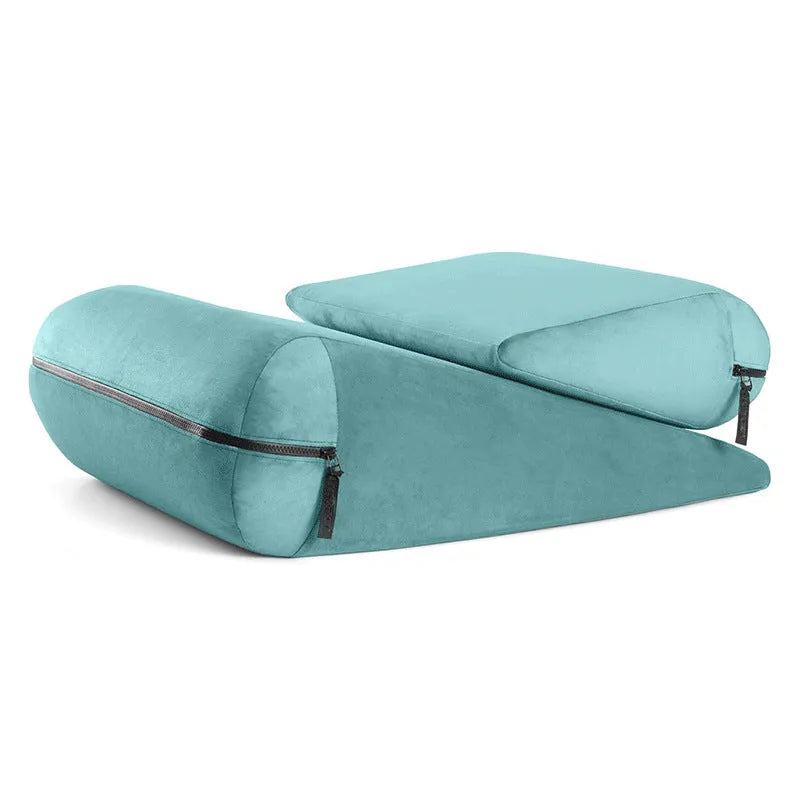 Triangular wedge cushion with embroidery detailing in a choice of five colours, showing its dimensions.
