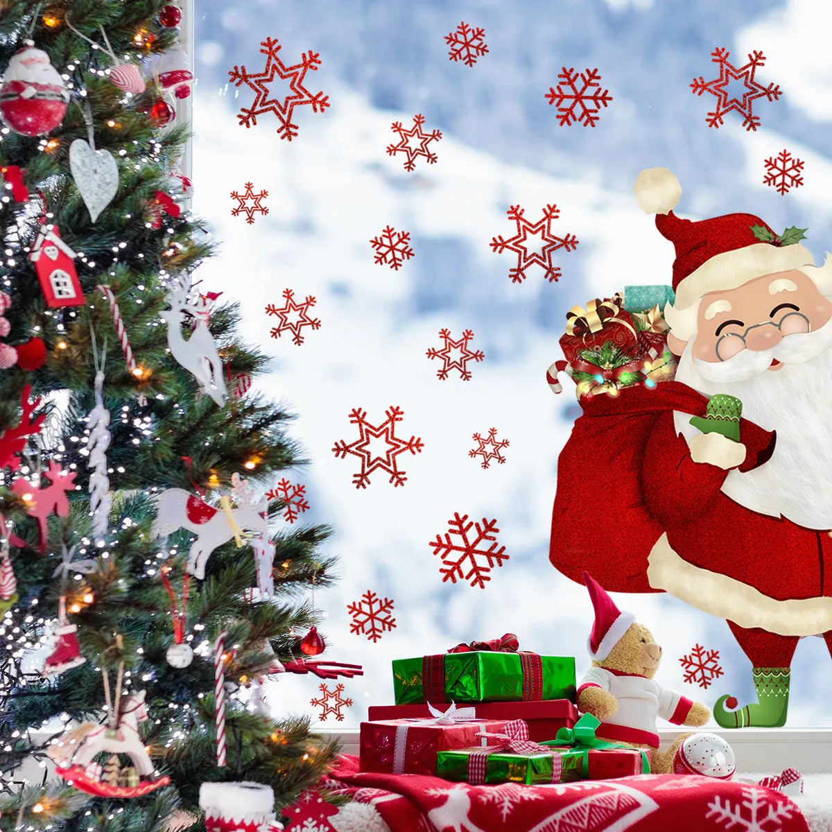 Static PVC wall sticker with snowflake and Santa Claus design, 27x40cm, on a window showcase