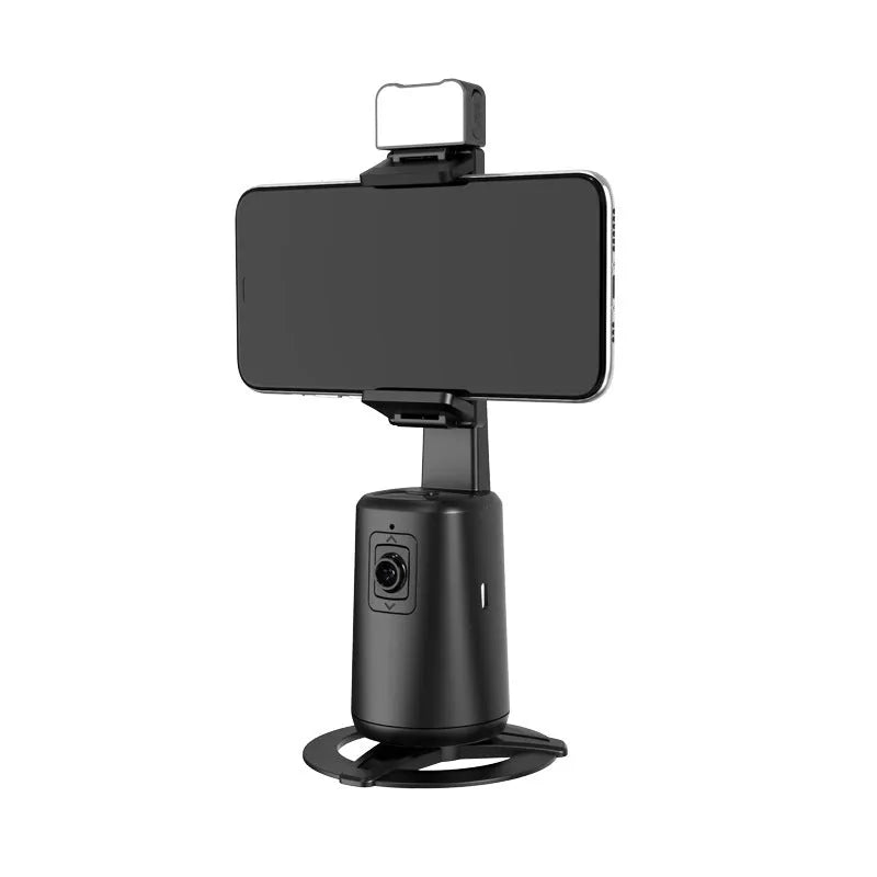 Black intelligent face tracking desktop camera bracket with rotating head and remote-controlled ribbon lights