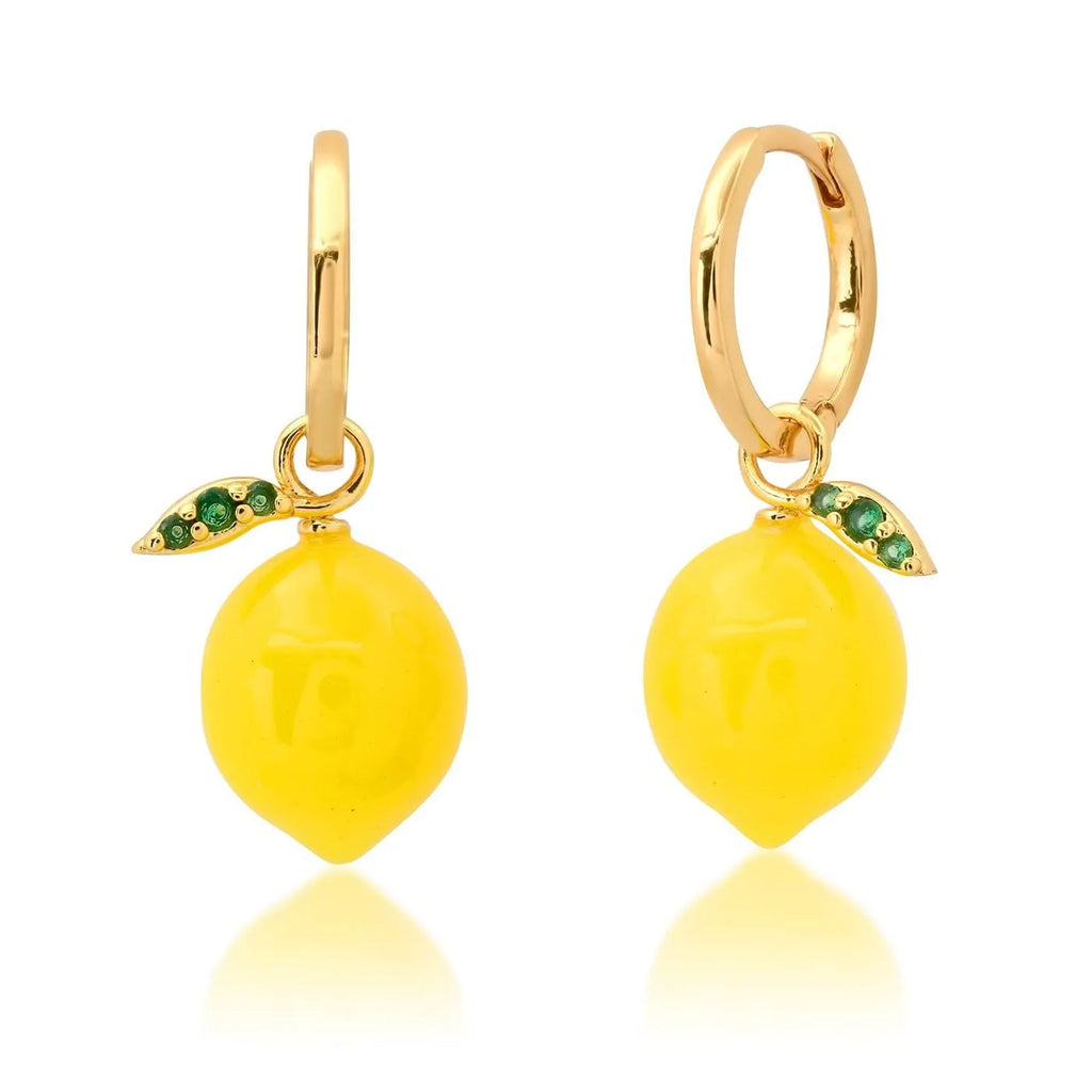 Gold plated copper earrings with fruit and vegetable designs including carrot, blueberry, and chilli pepper