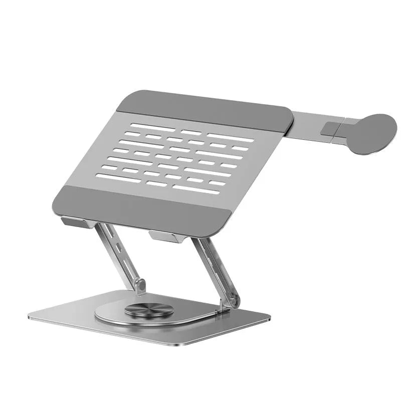Silver carbon steel laptop stand with a side-mounted, 360-degree rotating magnetic phone holder