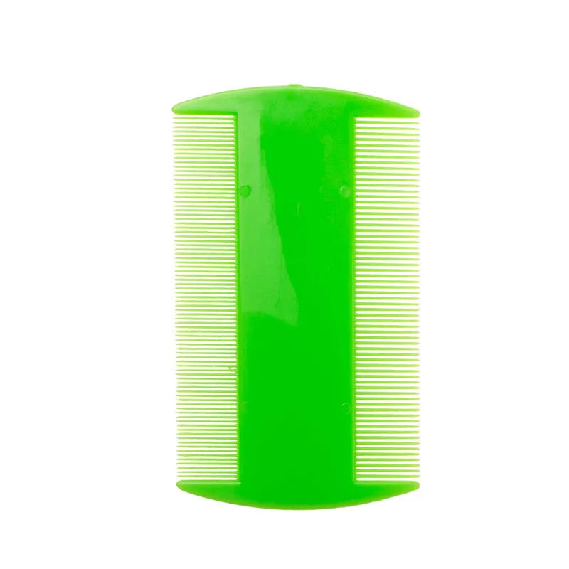 Double-edged plastic flea and lice comb in assorted colours, showing fine teeth.