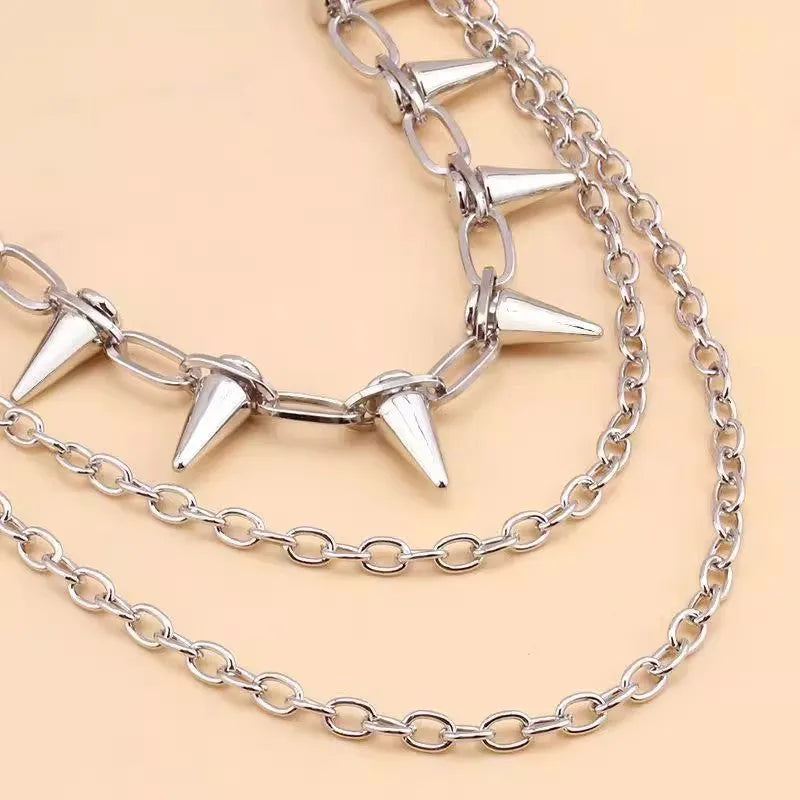 Silver metal dark punk rivet chain belt with double layer phants zipper design for trousers