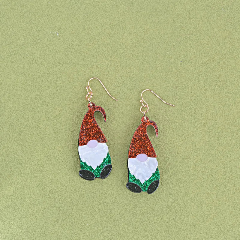 Santa Claus cartoon character acrylic fashion earrings in red, green, and mixed hat styles