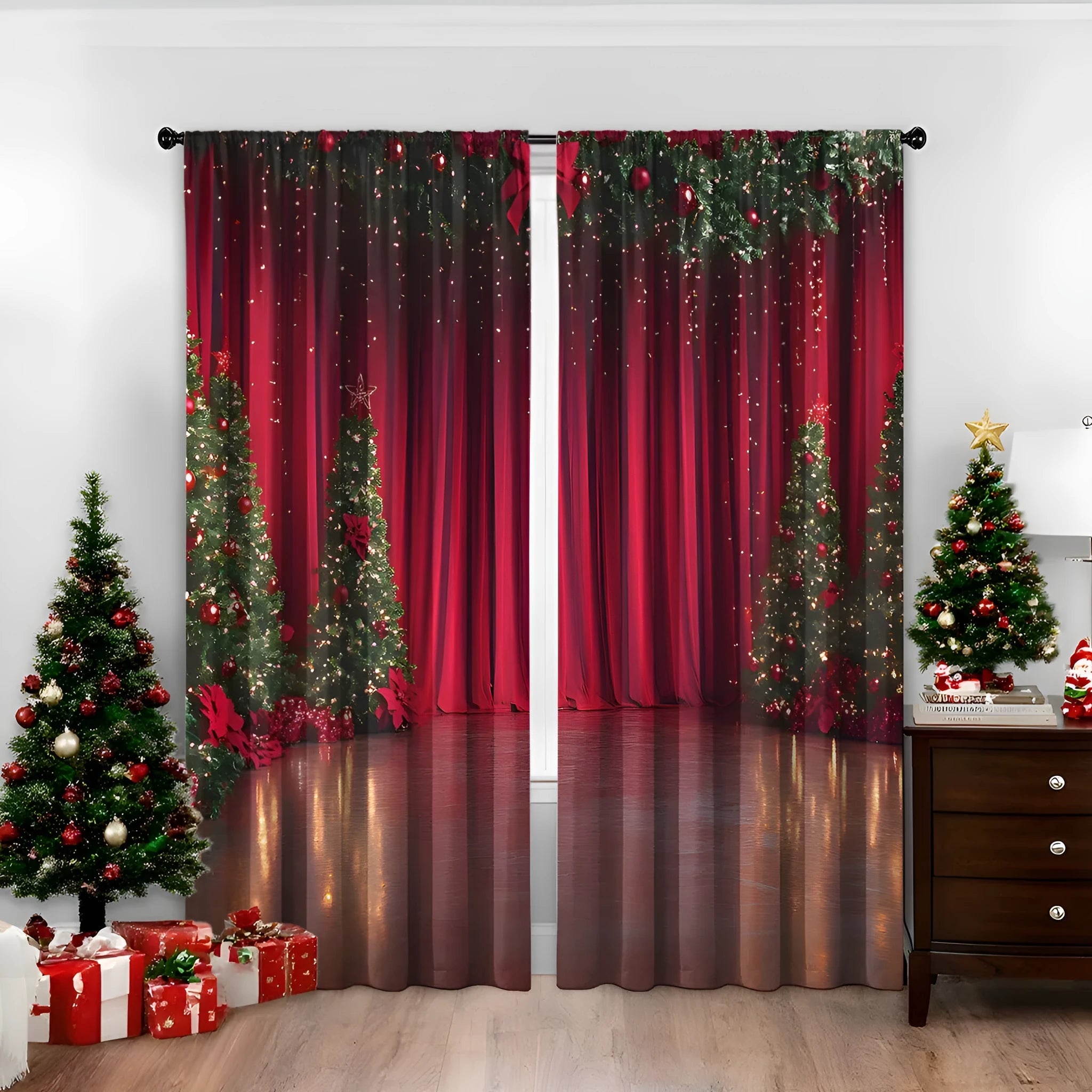 3D digitally printed Christmas curtain pair showing festive patterns on polyester fabric with sunshade properties