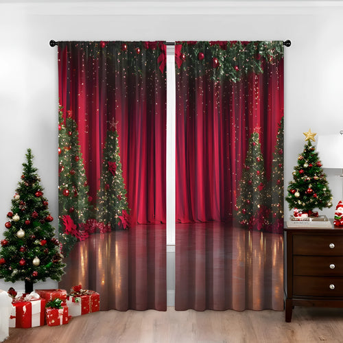 3D digitally printed Christmas curtain pair showing festive patterns on polyester fabric with sunshade properties