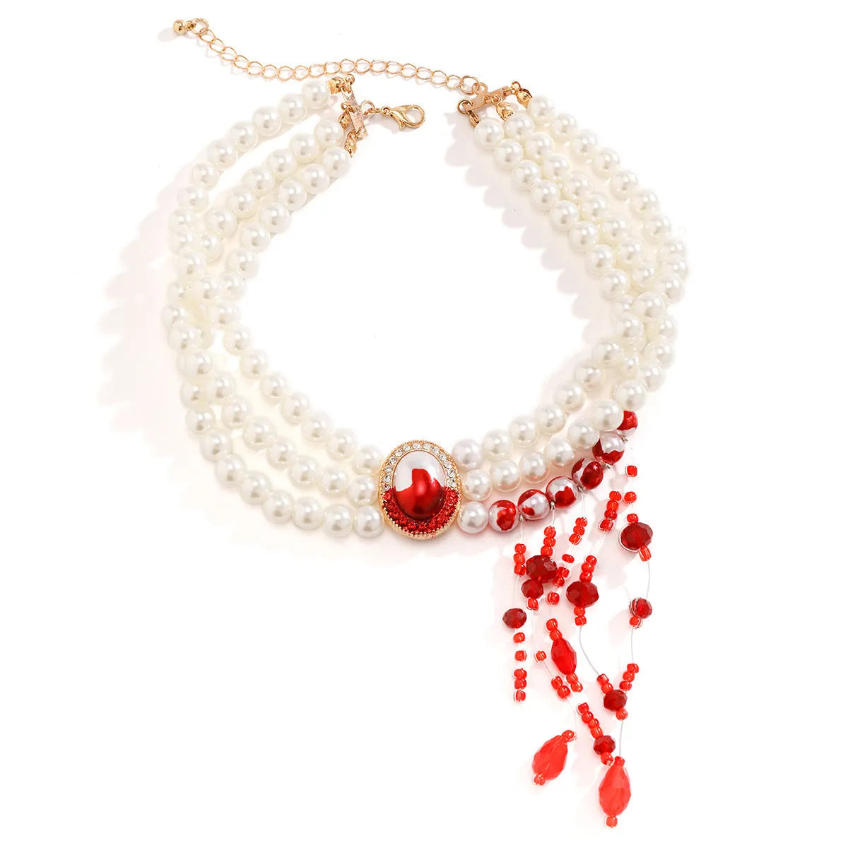 Gold electroplated alloy pearl collar necklace bracelet earrings set in retro gothic style for women