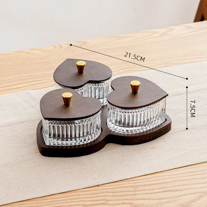 Glass retro style snack platter with heart-shaped lids in 2, 3, 4, or 5-grid configurations for fruit and dim sum.