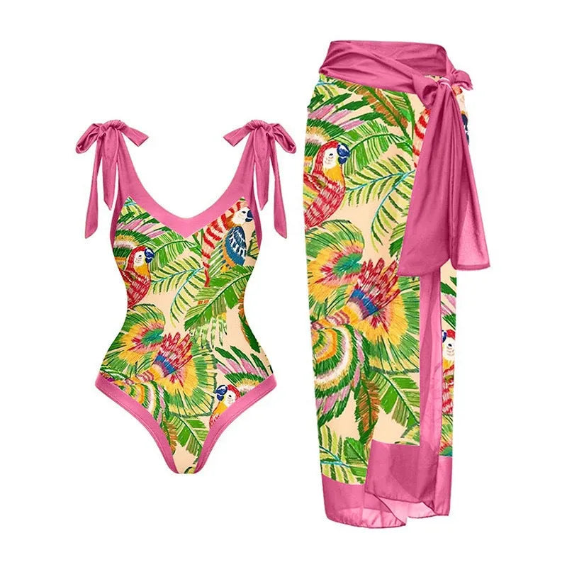 Solid colour women's one-piece swimsuit with spaghetti straps and a matching skirt.