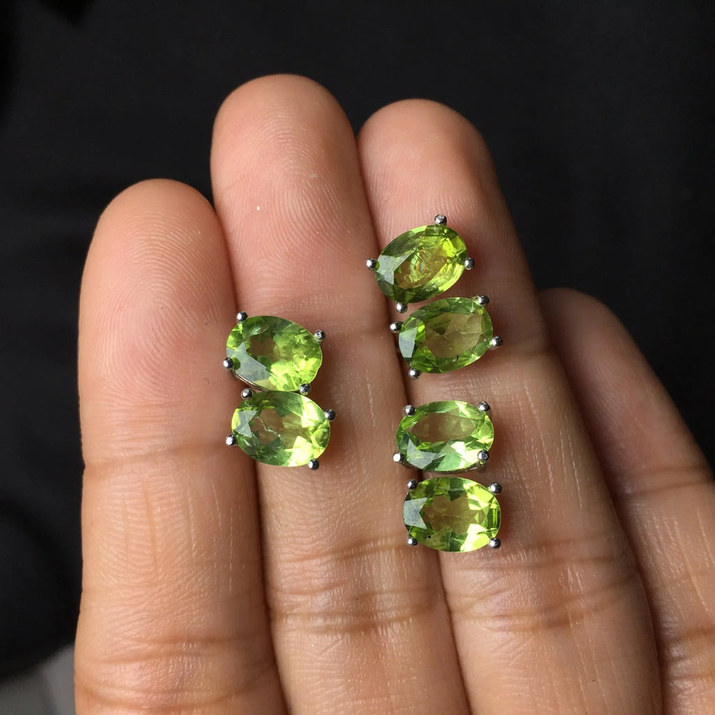 Natural grass green olivine stud earrings with geometric S925 silver setting and 6×8mm faceted stone