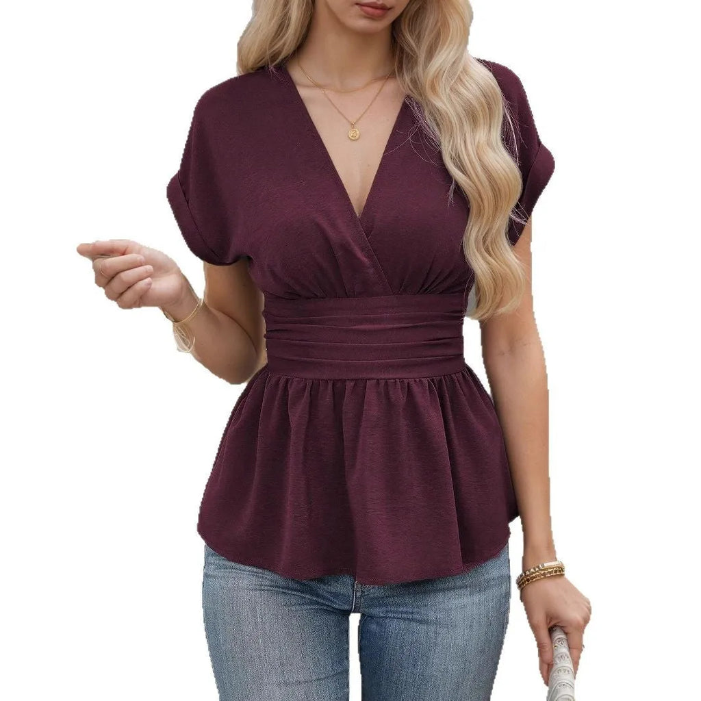 Women's slim fit V-neck summer top with waist pleating in polyester, shown in apricot colour.