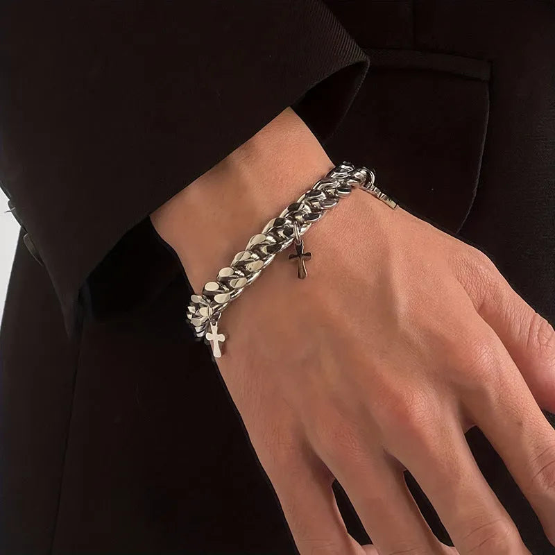 Men's titanium steel geometric bracelet with cross design on wrist