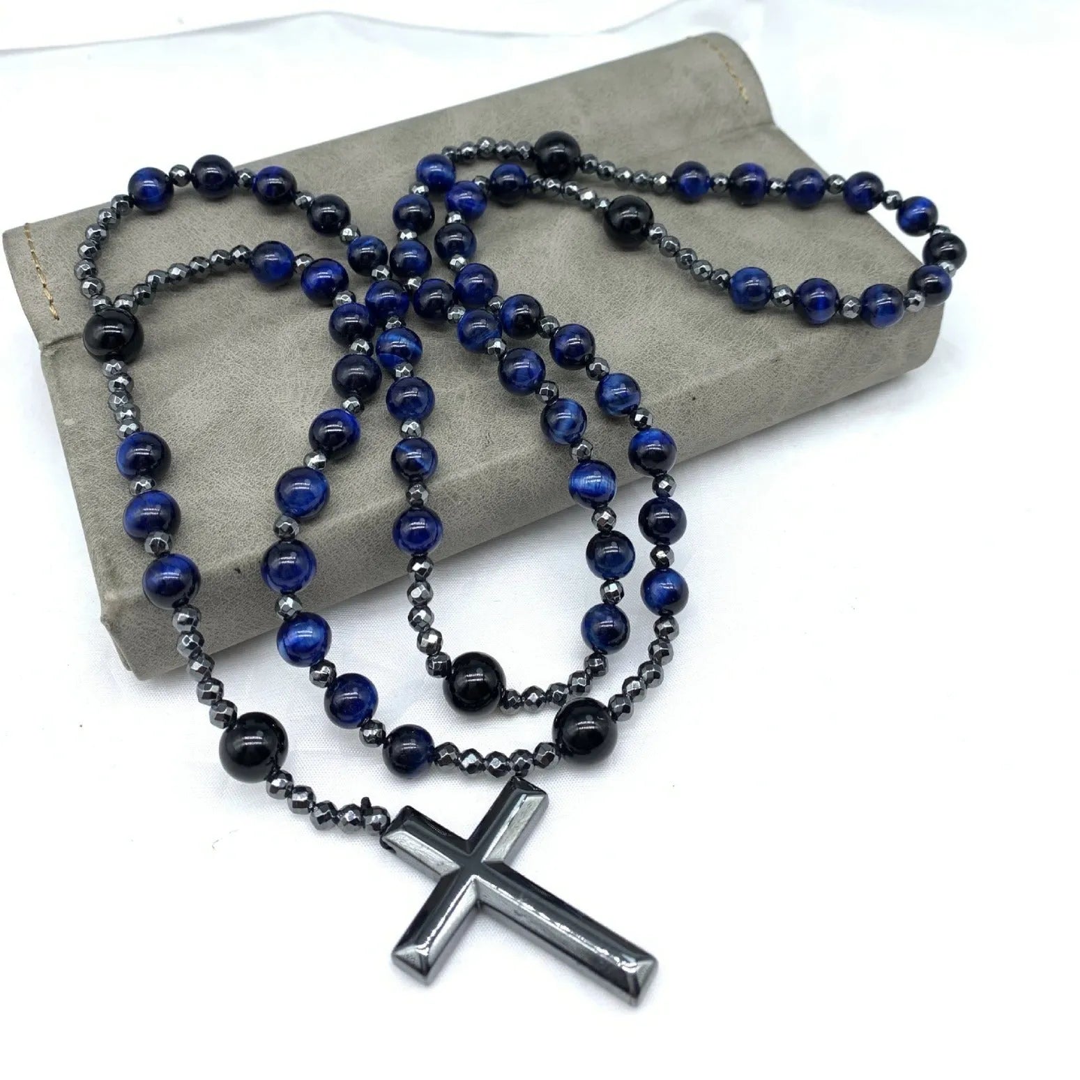 Men's stone cross pendant necklace with ball bead chain and safety lock clasp