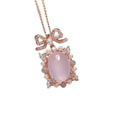 Geometric pink rose quartz pendant necklace with silver setting and rose gold plating on alloy chain