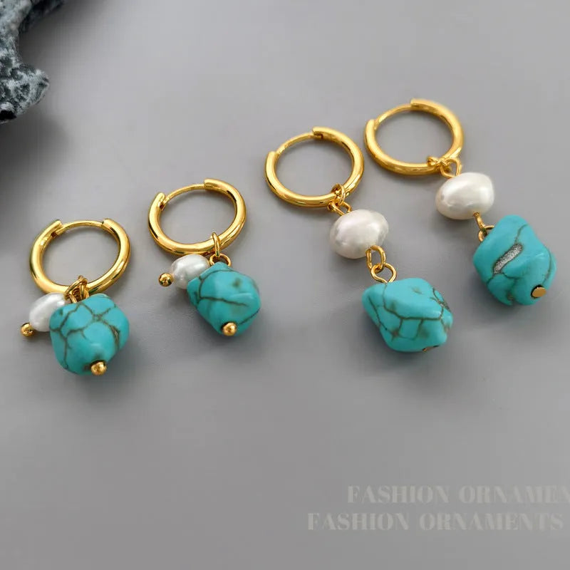 Copper geometric ear clips with cultured pearls and irregular turquoise stones for women