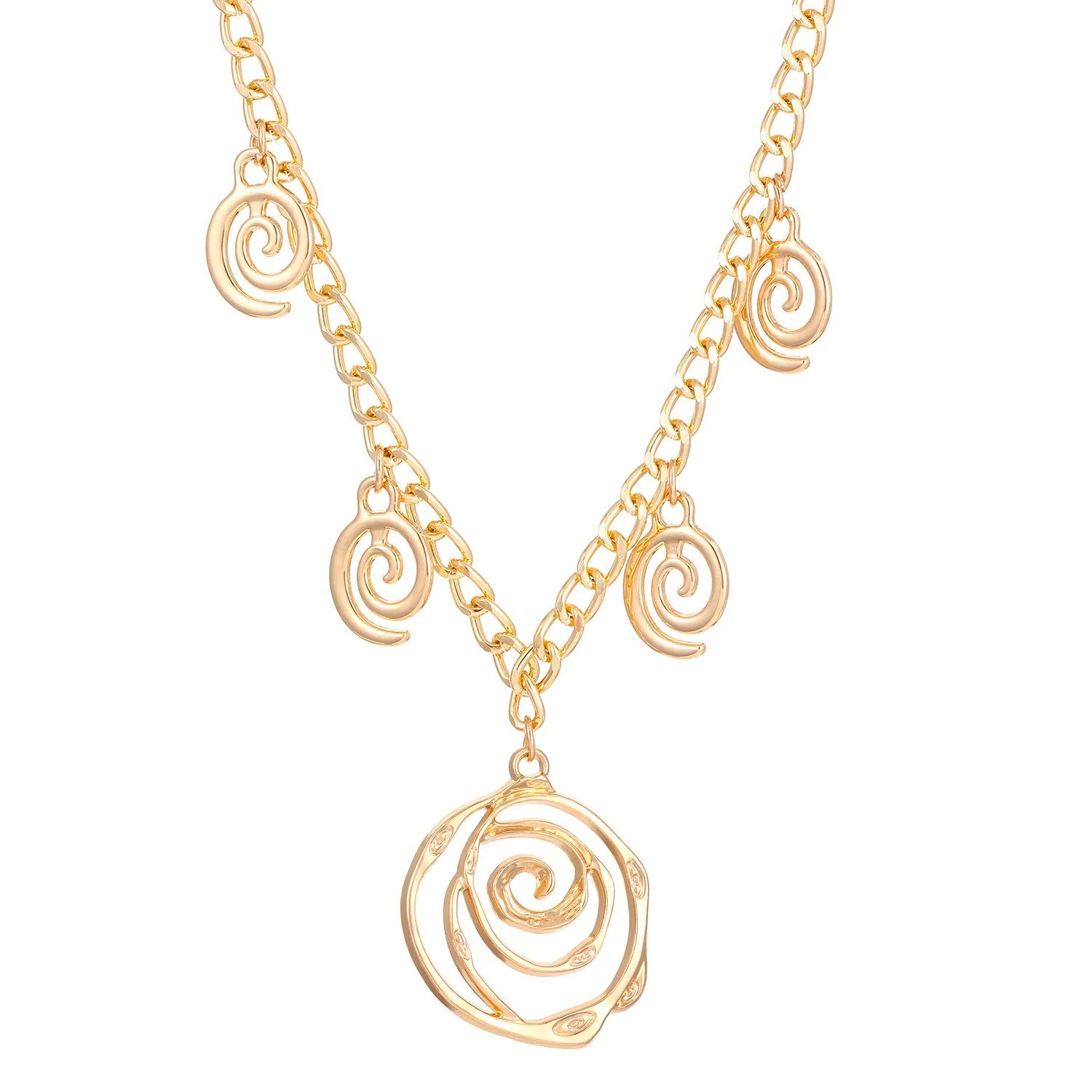 Spiral donut design alloy necklace, bracelet and earrings set in gold or silver electroplated finish.