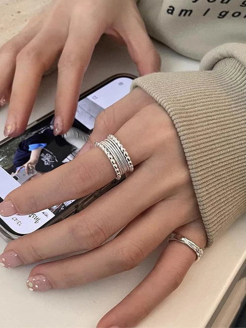 Adjustable geometric copper ring with woven twisted multilayer design for women