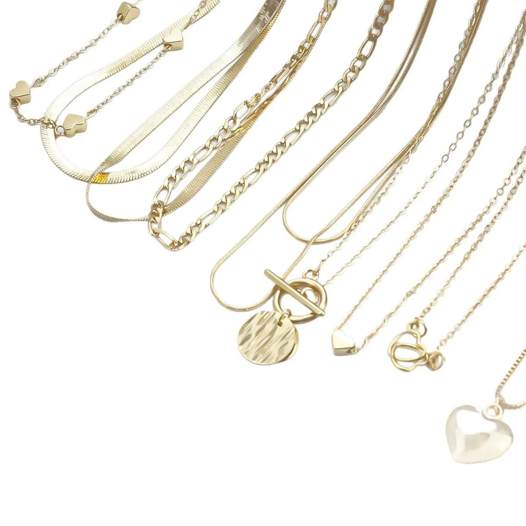 Gold necklace set with ten alloy pendants on adjustable snake bone chain