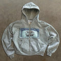 Men's and women's loose fit hooded zipper jacket with letter pattern in black, grey, or pink