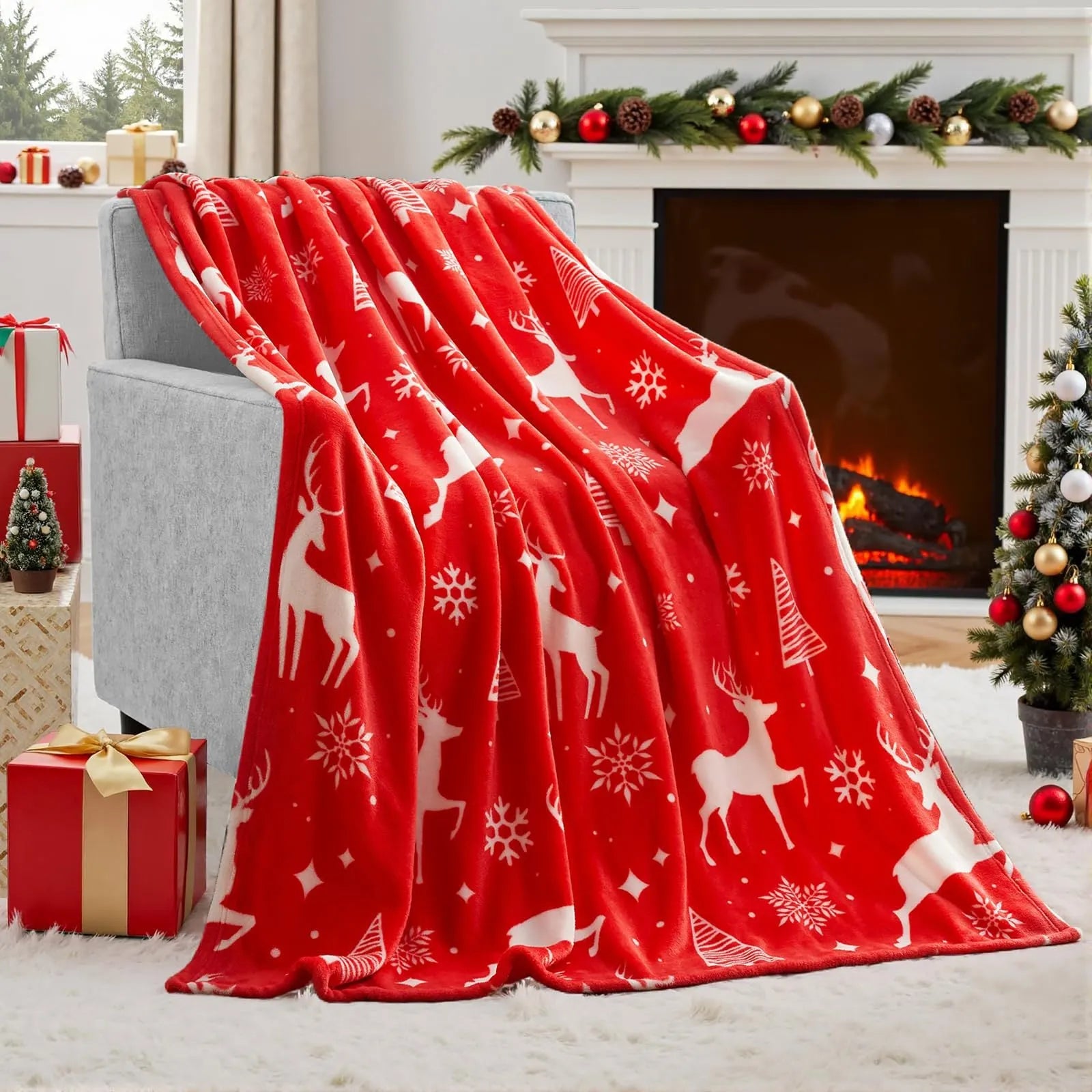 Soft flannel Christmas blanket in polyester fibre showing available colour options and size range