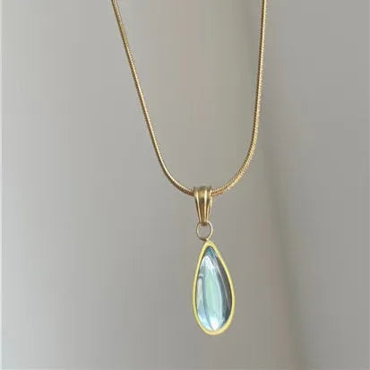 Retro water drop necklace in blue or green with titanium steel snake bone chain and mixed gem inlay for women