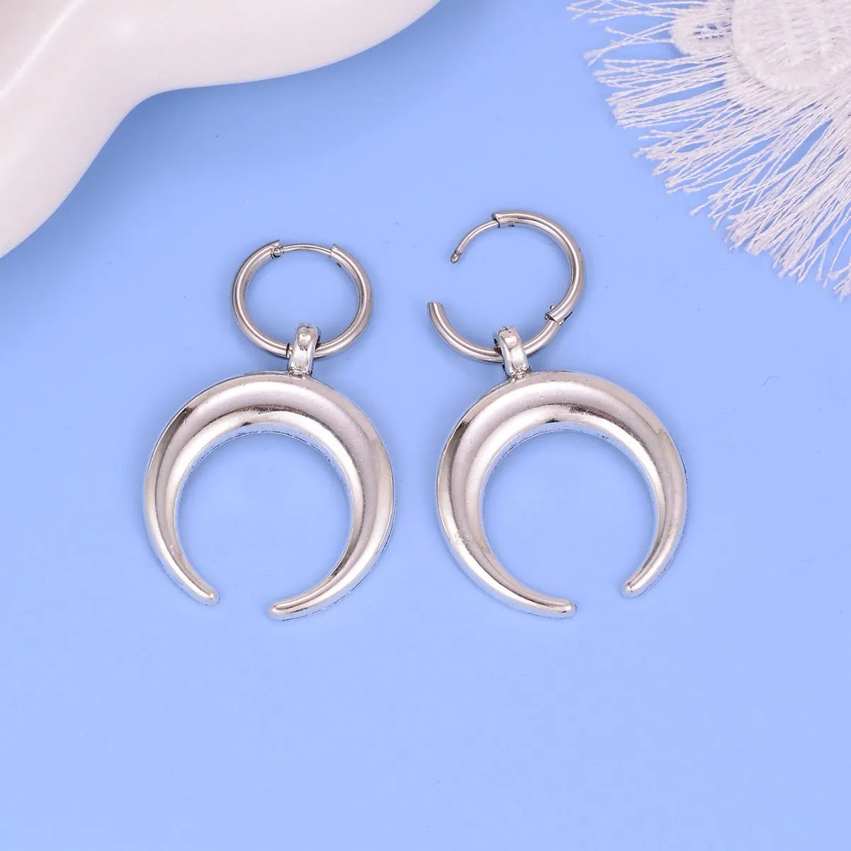Silver alloy 18K vintage gothic moon big hoop earrings with geometric design