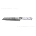 Damascus pattern chef's knife with 21cm VG10 steel blade and 11cm handle showing Japanese knife construction
