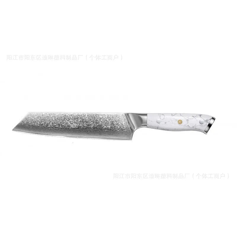 Damascus pattern chef's knife with 21cm VG10 steel blade and 11cm handle showing Japanese knife construction