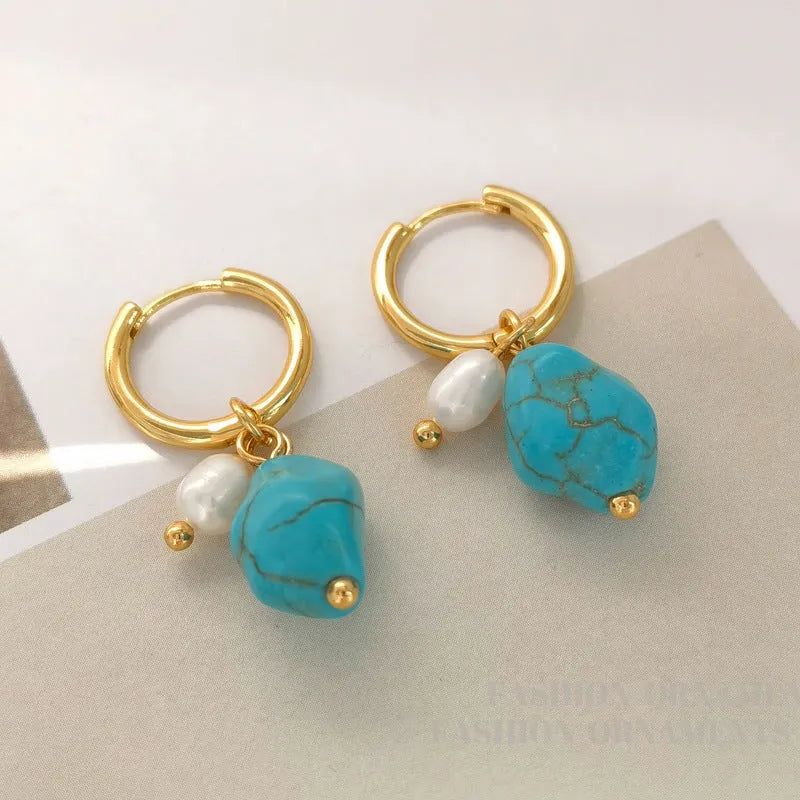 Copper geometric ear clips with cultured pearls and irregular turquoise stones for women