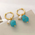 Copper geometric ear clips with cultured pearls and irregular turquoise stones for women