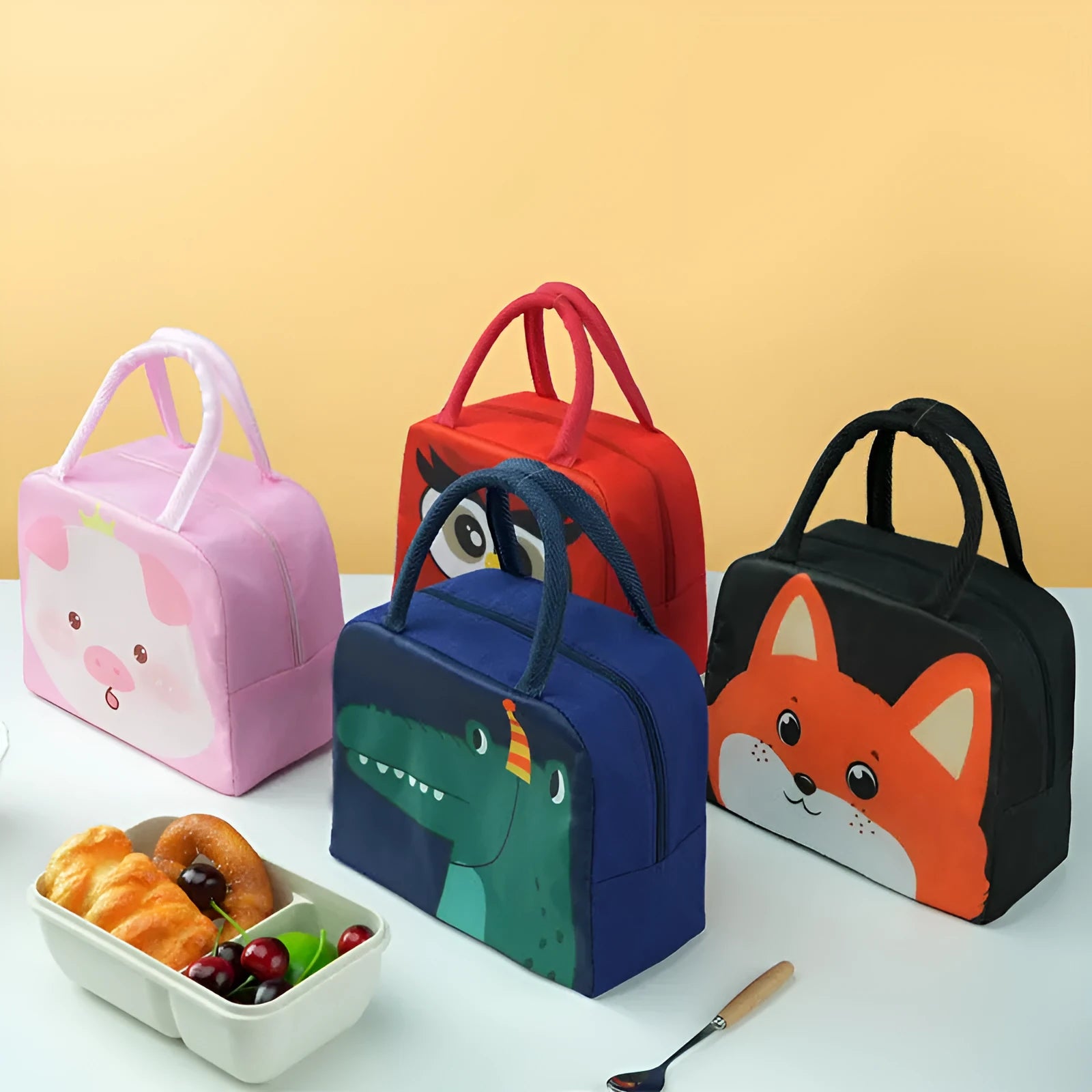 Cartoon insulated lunch box bag with animal designs and aluminium foil lining