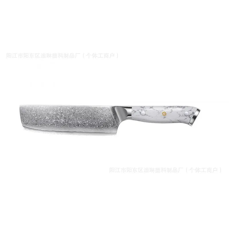 Damascus pattern chef's knife with 21cm VG10 steel blade and 11cm handle showing Japanese knife construction